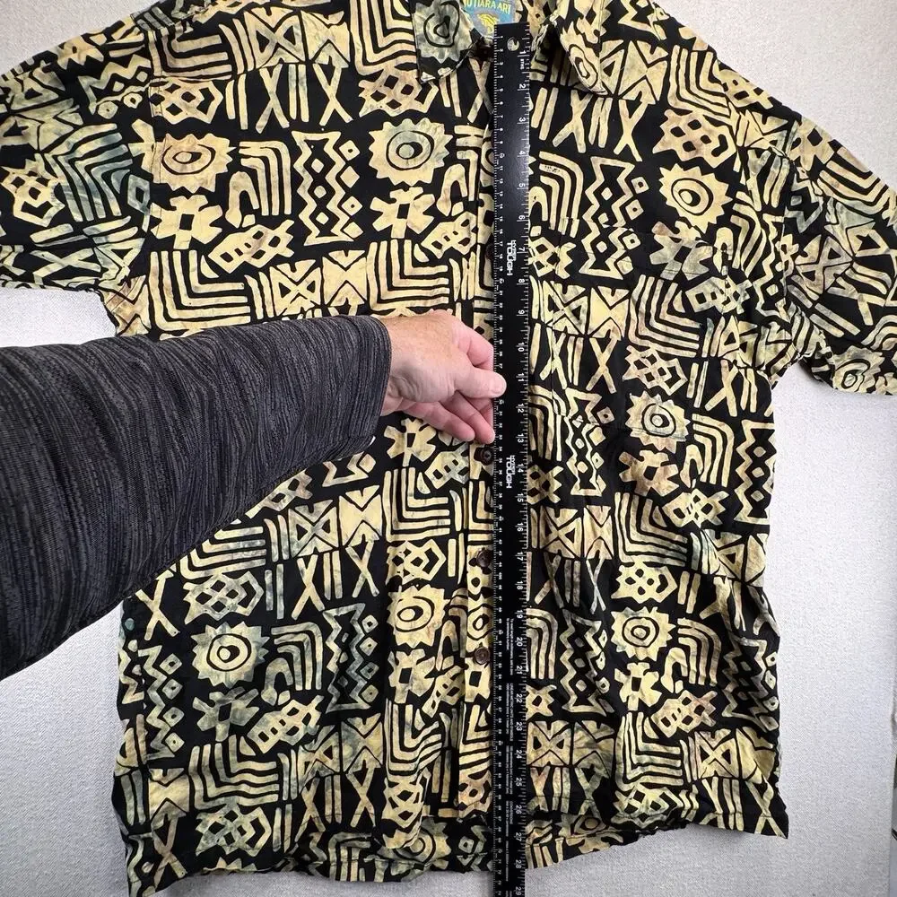 Hawaiian Shirt L Black Men's Bali Tribal Batik Island Design Mutiara Art - Picture 6 of 7